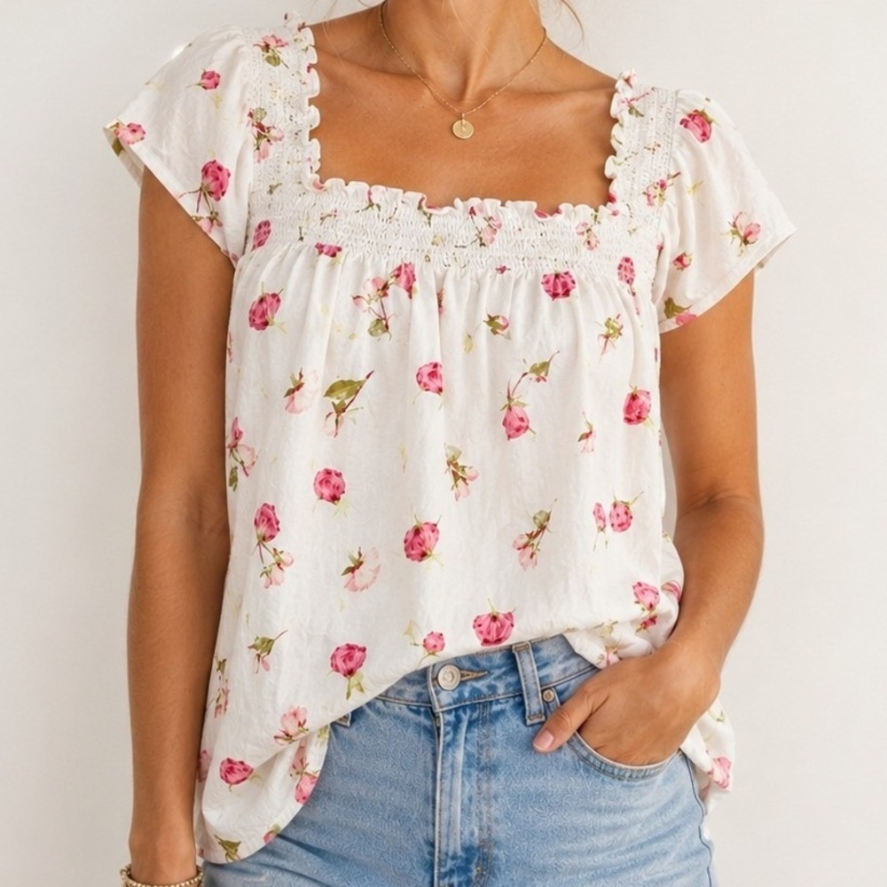 J.Crew Floral Print Smocked Square Neck Top 100% Cotton Cottagecore Romantic